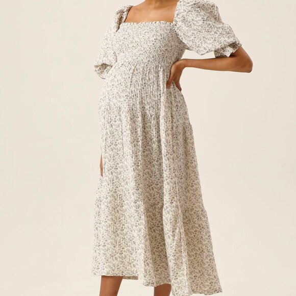 Cream Floral Smocked Long Sleeve Maternity Maxi Dress - Nothing Fits But "Kiko" - Picture 1 of 6